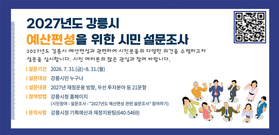 2027년도 강릉시 예산편성을 위한 시민 설문조사
2027년도 강릉시 예산편성과 관련하여 시민분들의 다양한 의견을 수렴하고자
설문을 실시합니다.시민 여러분의 많은 관심과 참여 바랍니다.
설문기간 : 2026.7.31.(금) ~ 8.31.(월)
설문대상 : 강릉시민 누구나
설문내용 : 2027년 재정운용 방향, 우선 투자분야 등 21문항
참여방법 : 강릉시청 홈페이지(시민참여-설문조사-