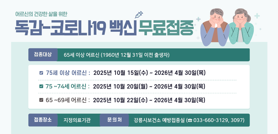 어르신의 건강한 삶을 위한
독감-코로나19 백신 무료접종

접종대상 : 65세 이상 어르신(1960년 12월 31일 이전 출생자)
-75세 이상 어르신 : 2025년 10월 15일(수) ~ 2026년 4월 30일(목)
-70~74세 어르신 : 2025년 10월 20일(월) ~ 2026년 4월 30일(목)
-65 ~ 69세 어르신 : 2025년 10월 22일(수) ~ 2026년 4월 30일(목)

접종장소 : 지정의료기관
문의처 : 강릉시보건소 예방접종실(☎ 033-660-3129, 3097)