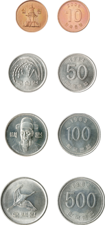 現在流通している4枚のコイン画像:10ウォン、50ウォン、100ウォン、500ウォン